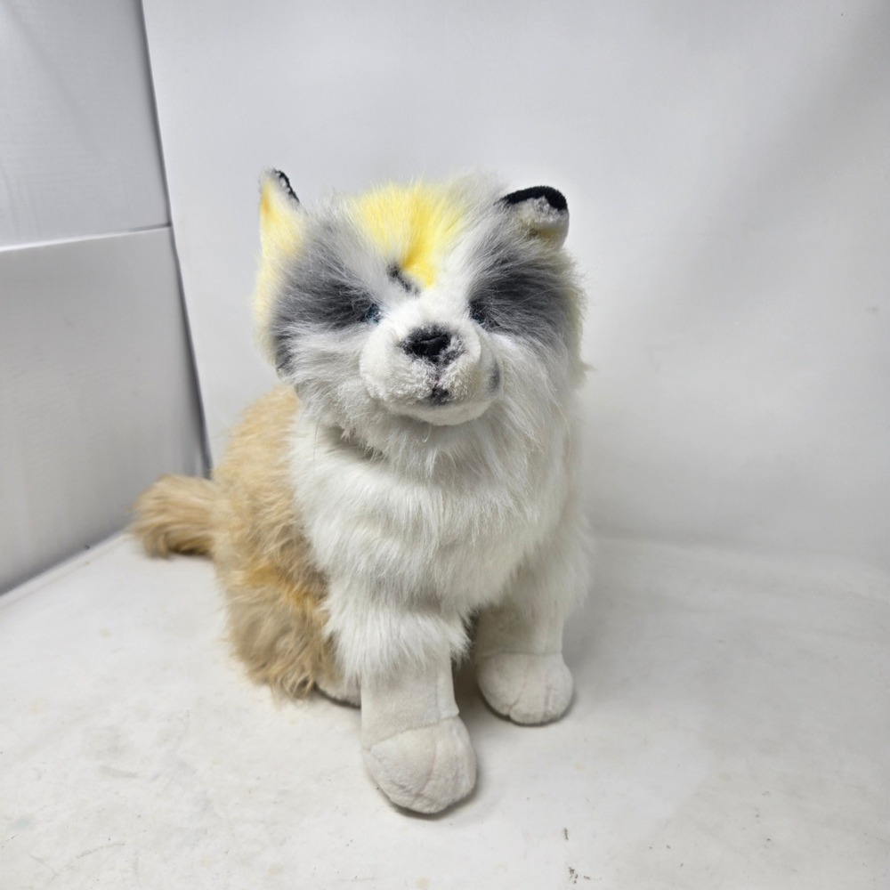Vintage Ross Wilmoth Cuddle Cat Plush White Tan Grey Blue Eyes Made in Korea 13"